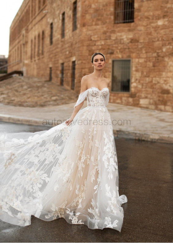 Beaded Sweetheart Neck Ivory Lace Tulle Corset Back Wedding Dress